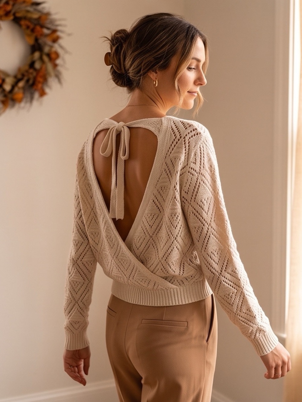 Dreams by Debut Cream Open-Back Crochet Knit Sweater – Size M